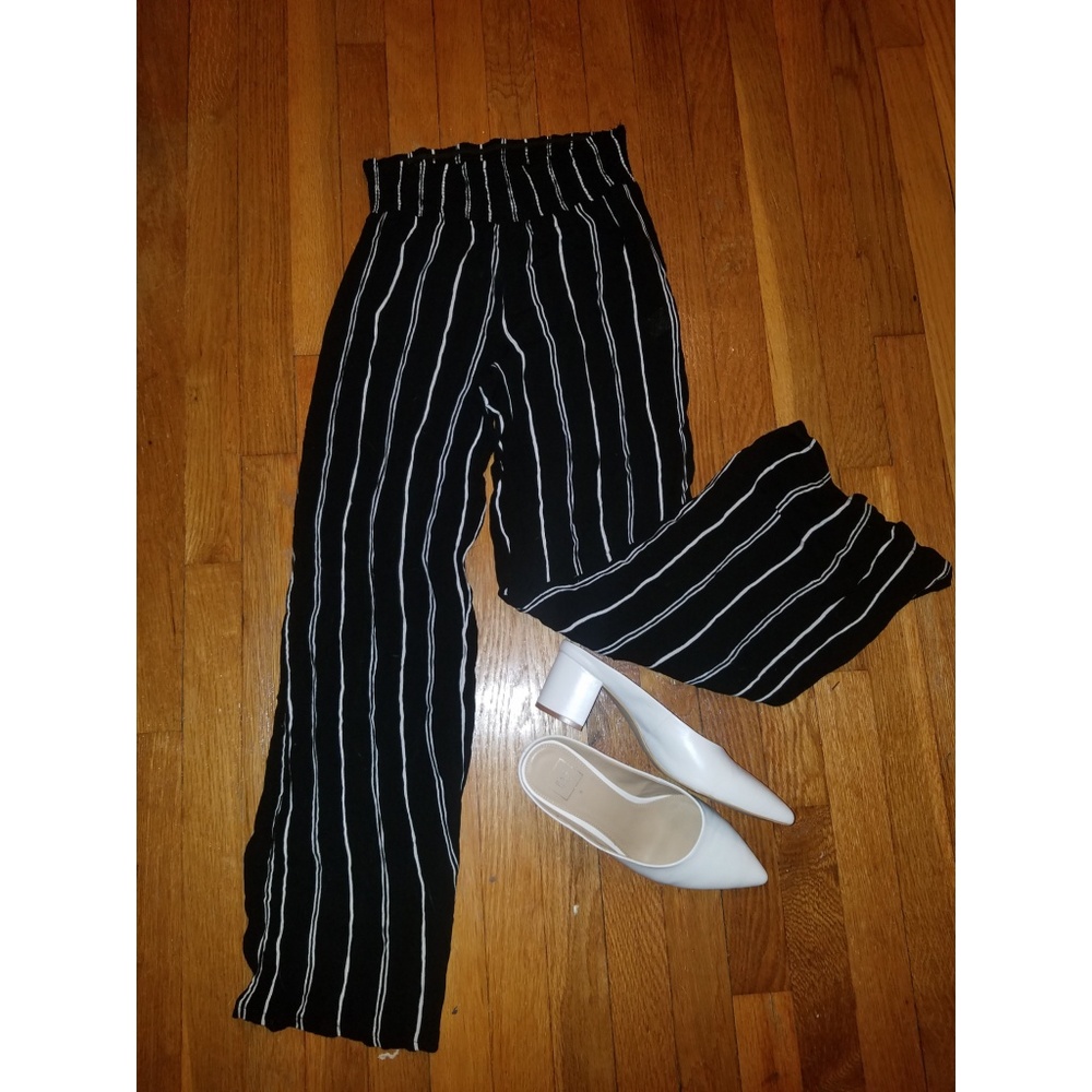 Black and White Striped Pants with Synched Waist